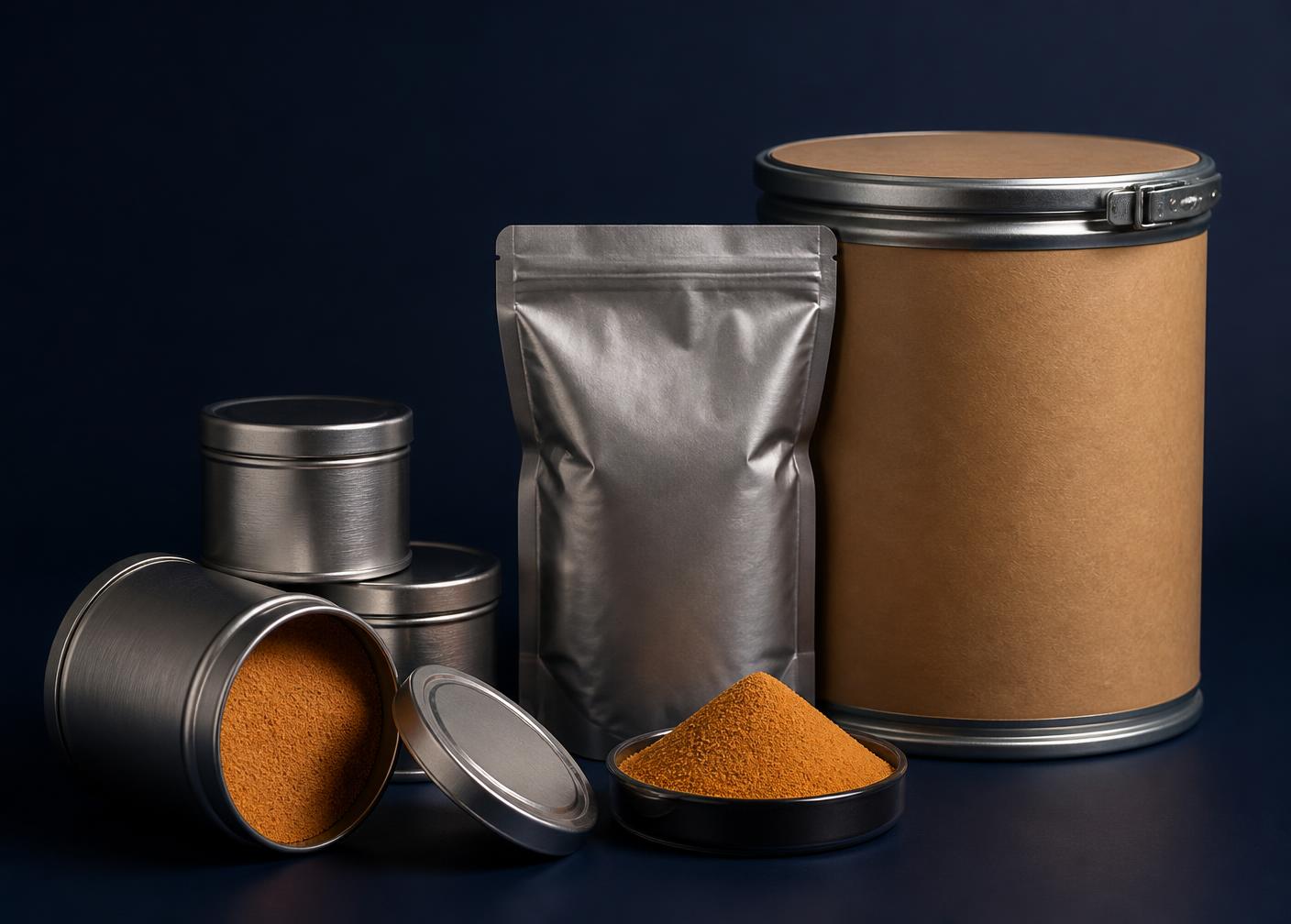 Nitrogen-flushed Artemia cyst tins and export drums on the Brinova Bio packaging line